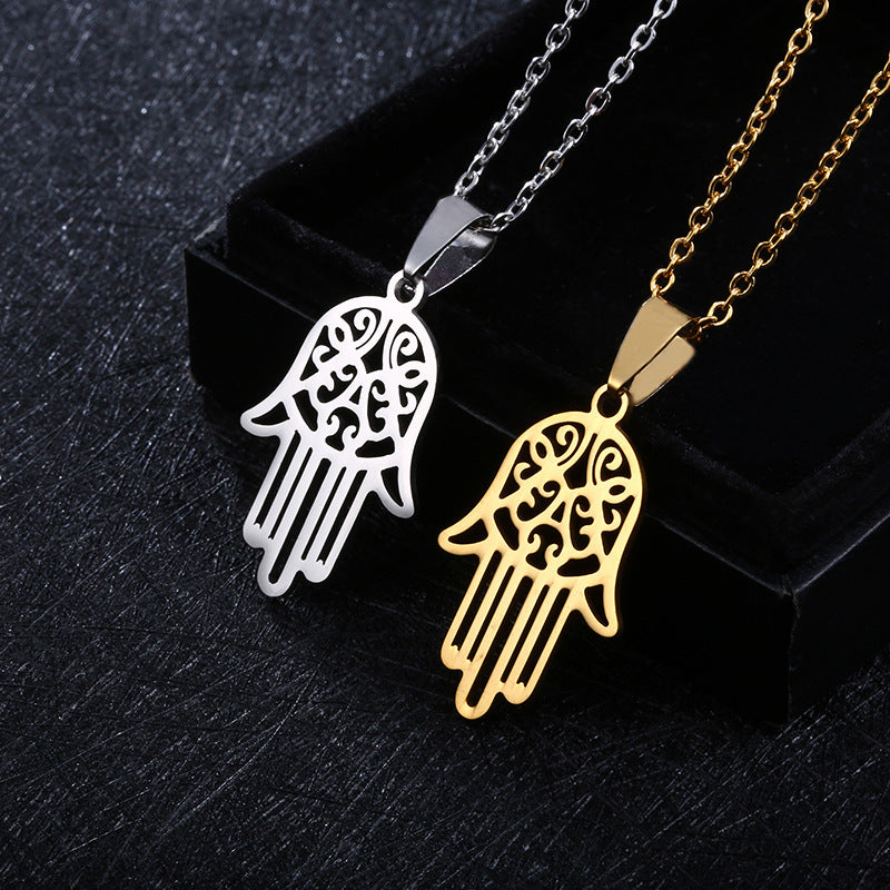 Collana con Ciondolo Mano di Fatima Geometrica in Acciaio Inossidabile Placcato, Catena a O, Accessorio Moda Unisex