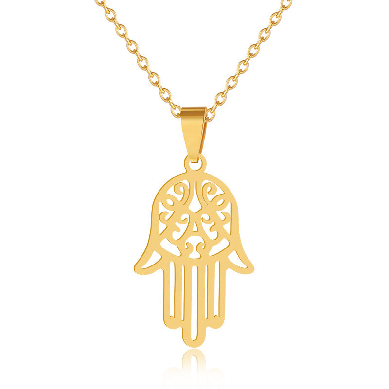Collana con Ciondolo Mano di Fatima Geometrica in Acciaio Inossidabile Placcato, Catena a O, Accessorio Moda Unisex