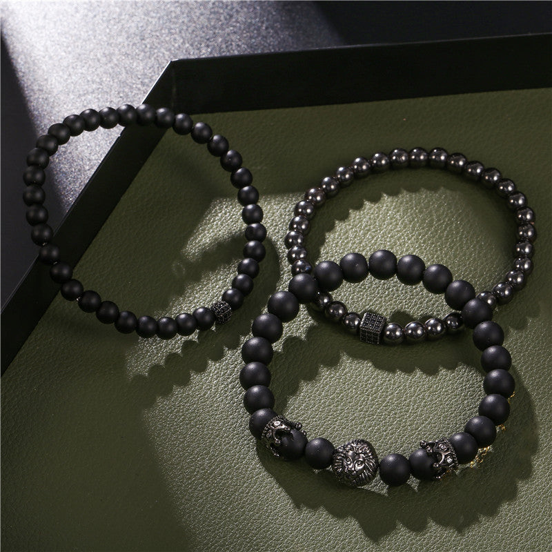 Vintage Punk Matte Brass Bracelet Set with Cubic Zirconia Crown Lion Head and Dice Beads