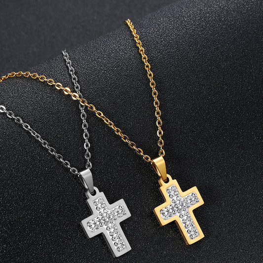 Collana a catena con ciondolo a croce minimalista in acciaio inossidabile e strass