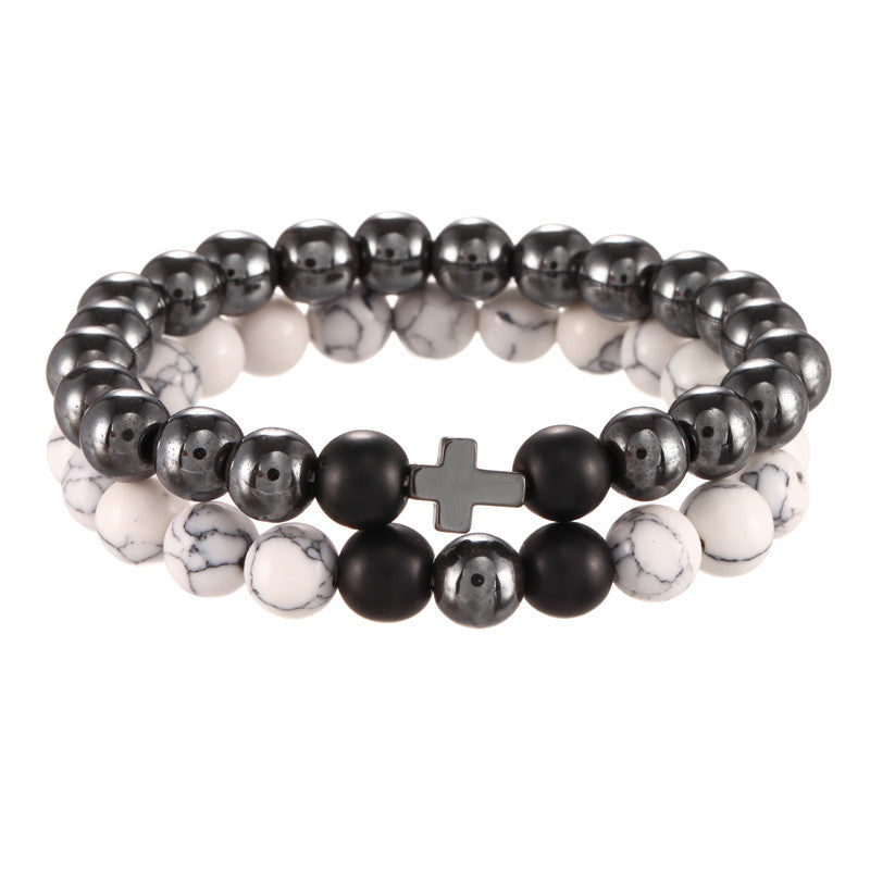 Matte Howlite and Hematite Geometric Cross Stretch Bracelet Set for Men and Women