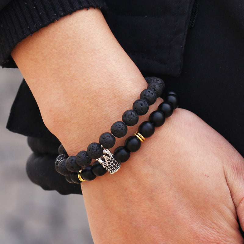 Sporty Casual 8mm Matte Round Brass Bracelet Set with Cubic Zirconia and Crown Element