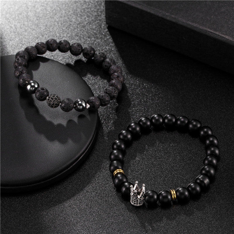 Sporty Casual 8mm Matte Round Brass Bracelet Set with Cubic Zirconia and Crown Element