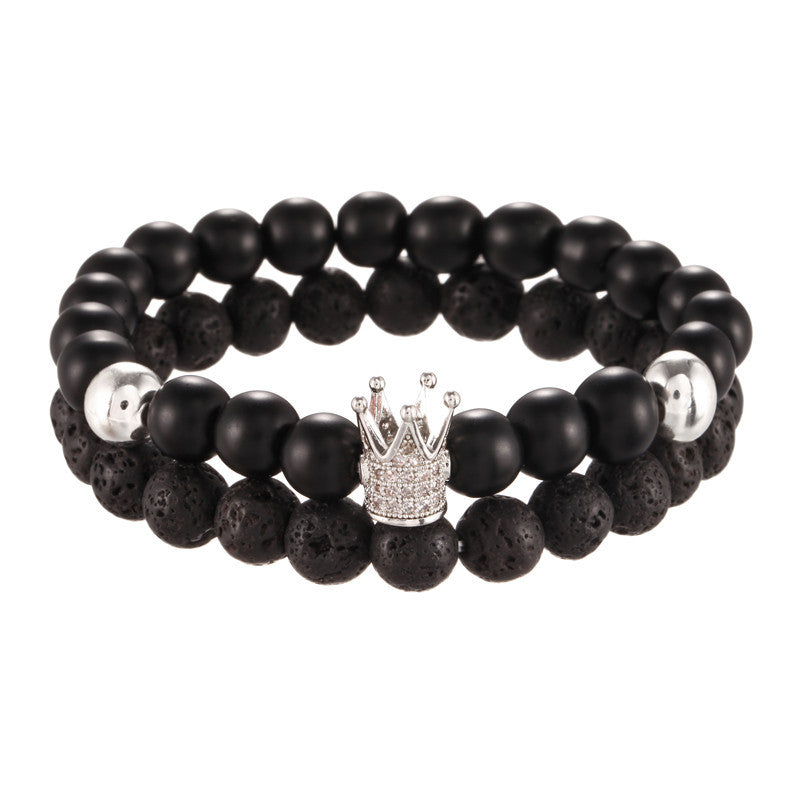 Casual 8mm Round Matte Lava Stone Cubic Zirconia Crown Bracelet Set for Men and Women