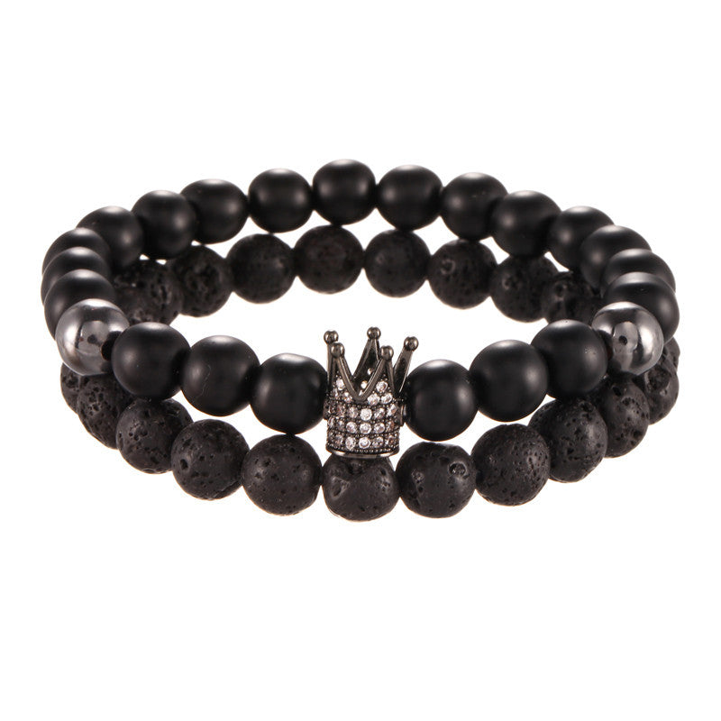 Casual 8mm Round Matte Lava Stone Cubic Zirconia Crown Bracelet Set for Men and Women