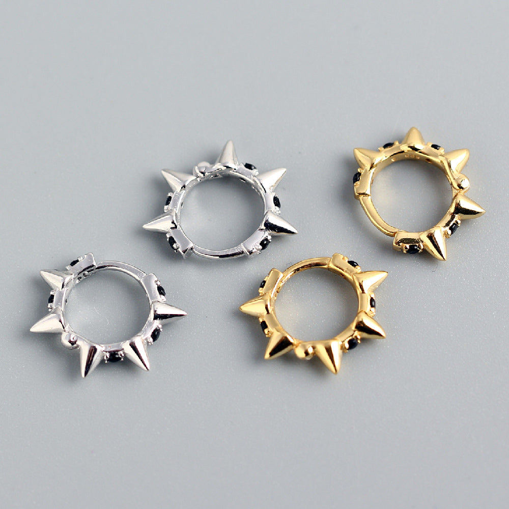 Punk 925 Sterling Silver Round Geometric Rhinestone Inlay Hoop Earrings for Women