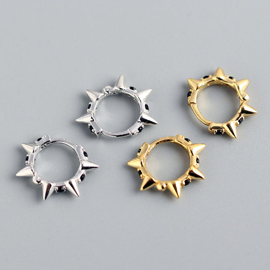 Punk 925 Sterling Silver Round Geometric Rhinestone Inlay Hoop Earrings for Women