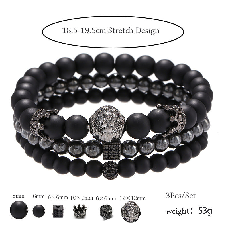 Vintage Punk Matte Brass Bracelet Set with Cubic Zirconia Crown Lion Head and Dice Beads