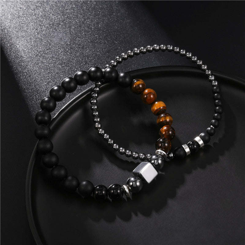 Matte Black Tiger Eye and Hematite Round and Square Beaded Stretch Bracelet Set for Men and Women