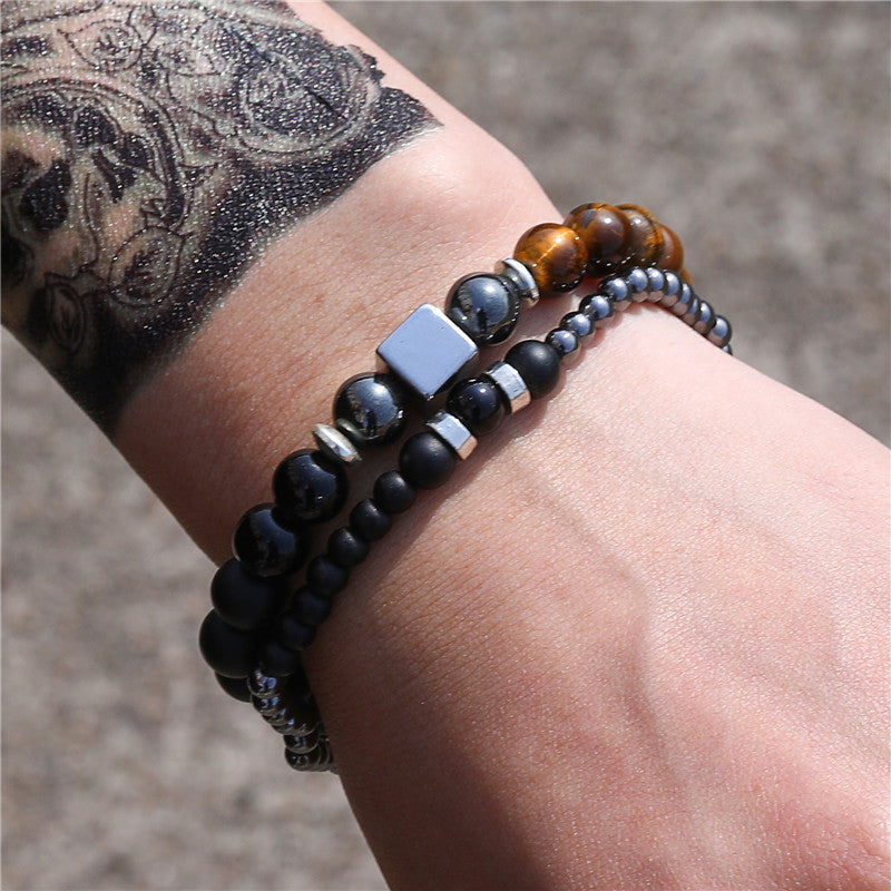Matte Black Tiger Eye and Hematite Round and Square Beaded Stretch Bracelet Set for Men and Women
