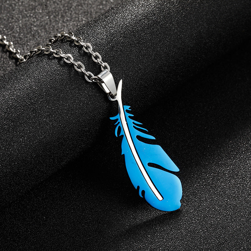 Collar con colgante de pluma de acero inoxidable de moda con cadena en O, joyería unisex de acero de titanio para fiestas y regalos