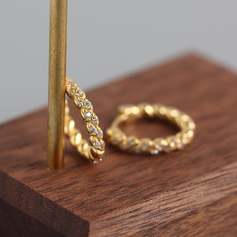 Minimalist Luxury 925 Sterling Silver Geometric Rope Twist Rhinestone Inlay Hoop Earrings