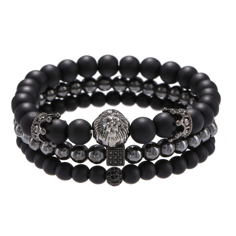 Unique Geometric Cross Crown Hematite Beaded Bracelet Set with Cubic Zirconia for Men and Women