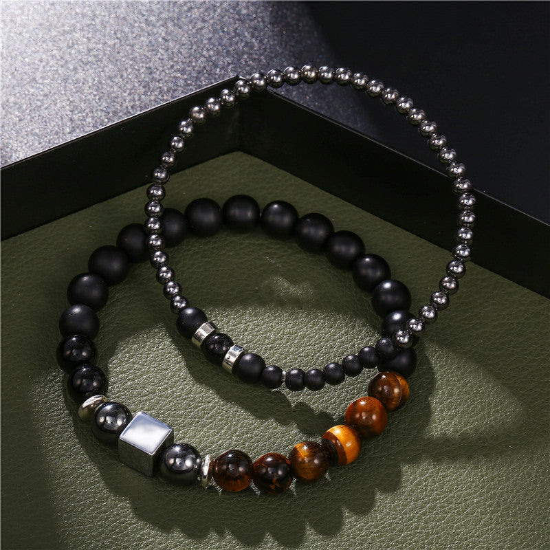 Matte Black Tiger Eye and Hematite Round and Square Beaded Stretch Bracelet Set for Men and Women