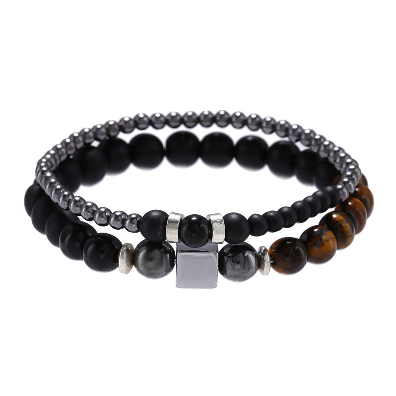 Matte Black Tiger Eye and Hematite Round and Square Beaded Stretch Bracelet Set for Men and Women