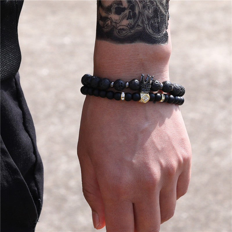 Punk Matte Round Crystal Bracelet with Cubic Zirconia and Geometric Spacers
