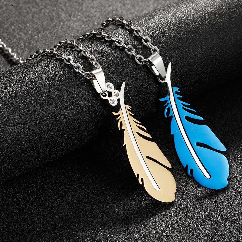Collar con colgante de pluma de acero inoxidable de moda con cadena en O, joyería unisex de acero de titanio para fiestas y regalos