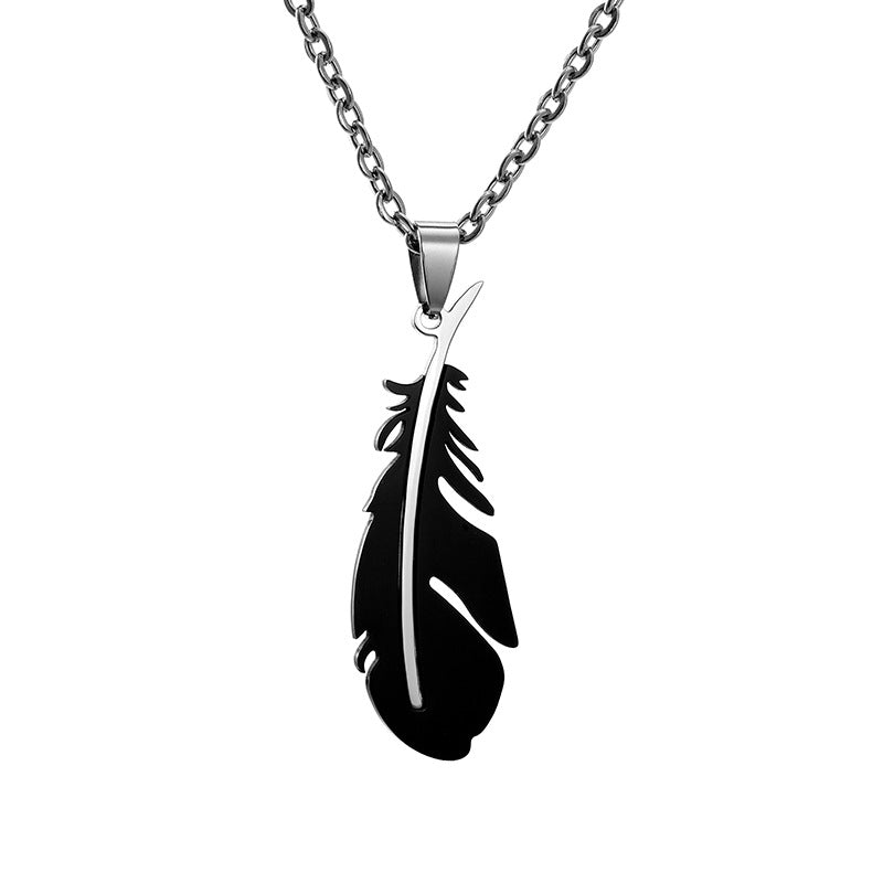 Collar con colgante de pluma de acero inoxidable de moda con cadena en O, joyería unisex de acero de titanio para fiestas y regalos