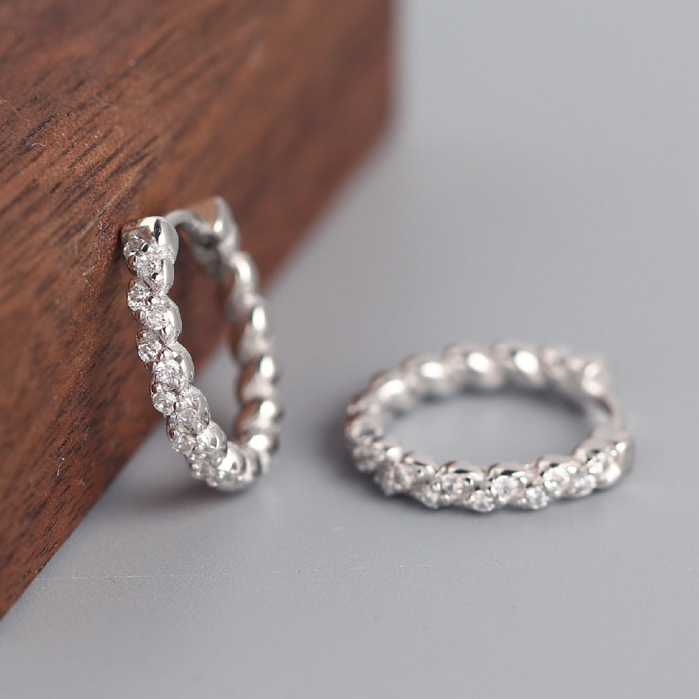 Minimalist Luxury 925 Sterling Silver Geometric Rope Twist Rhinestone Inlay Hoop Earrings