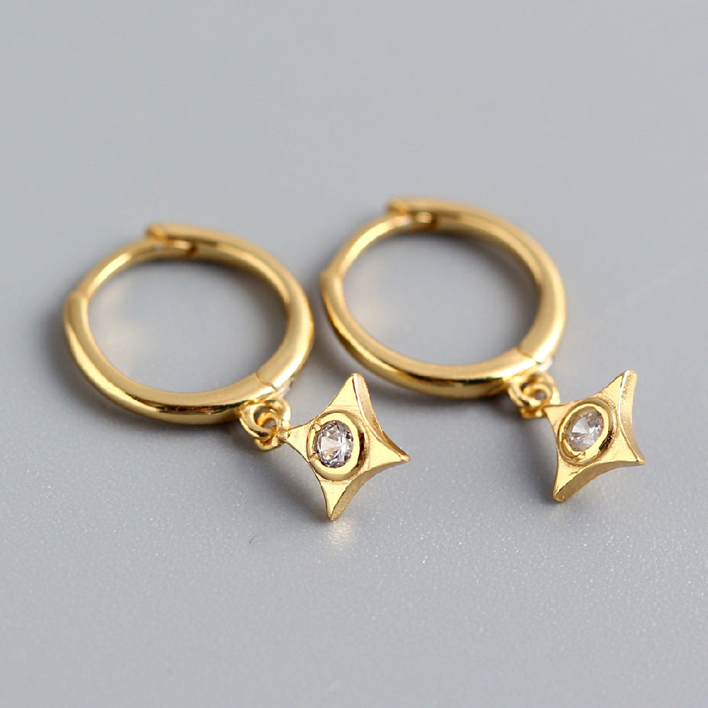 Orecchini a Cerchio da Donna in Argento Sterling S925, Stile Cool e Dolce, a Stella Geometrica con Diamanti Incassati