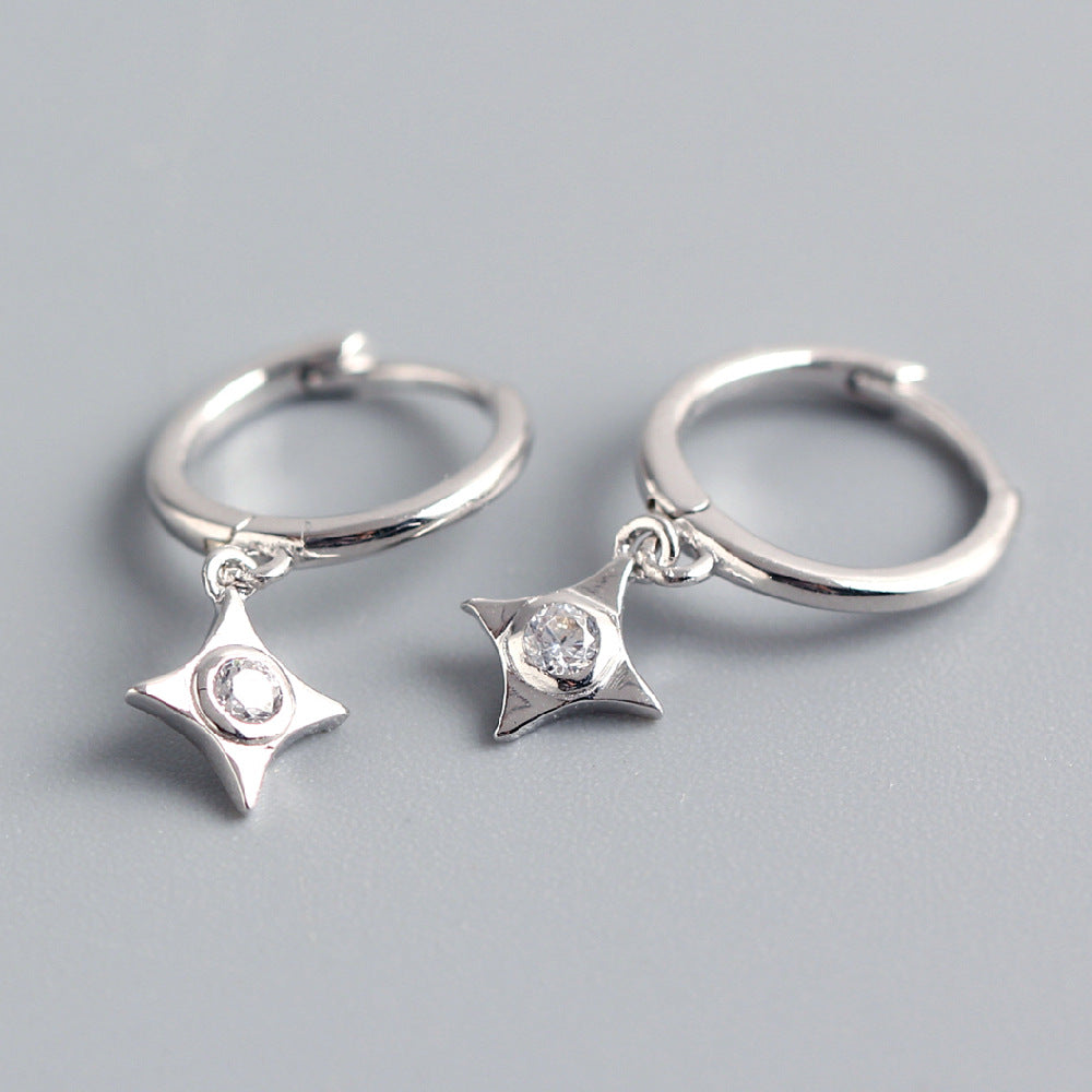 Orecchini a Cerchio da Donna in Argento Sterling S925, Stile Cool e Dolce, a Stella Geometrica con Diamanti Incassati