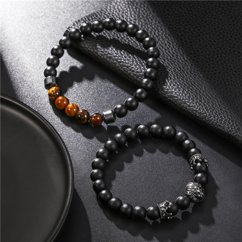 Vintage 8mm Matte Tiger's Eye Lion Crown Animal Bracelet for Men and Women