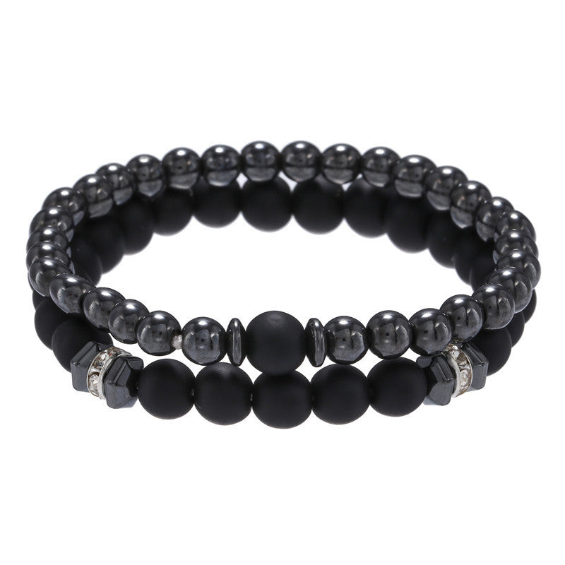Matte Black 8mm Round Brass and Hematite Rhinestone Spacer Bead Stretch Bracelet