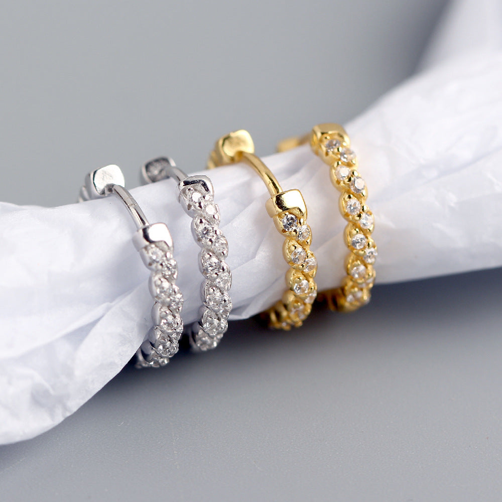 Minimalist Luxury 925 Sterling Silver Geometric Rope Twist Rhinestone Inlay Hoop Earrings