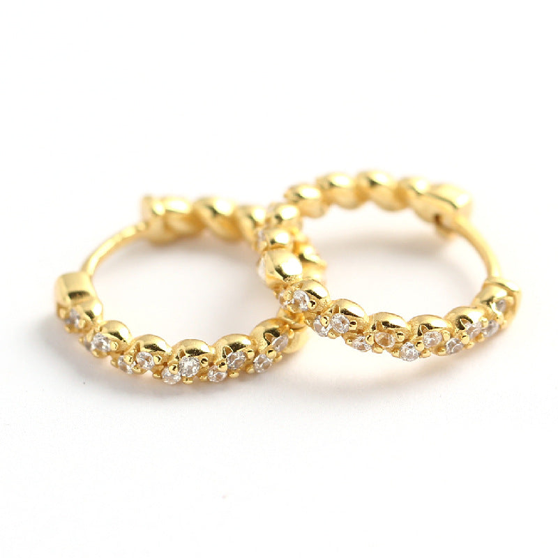 Minimalist Luxury 925 Sterling Silver Geometric Rope Twist Rhinestone Inlay Hoop Earrings
