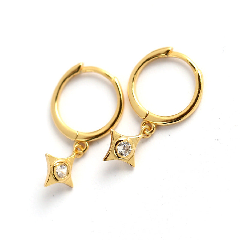 Orecchini a Cerchio da Donna in Argento Sterling S925, Stile Cool e Dolce, a Stella Geometrica con Diamanti Incassati