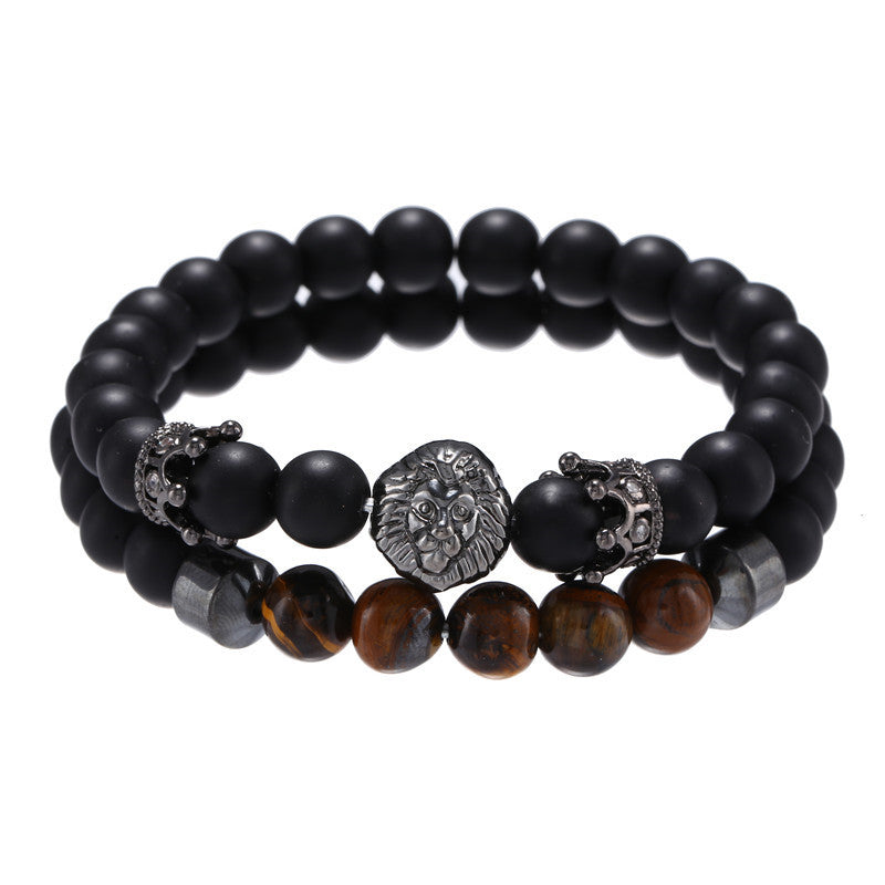 Vintage 8mm Matte Tiger's Eye Lion Crown Animal Bracelet for Men and Women
