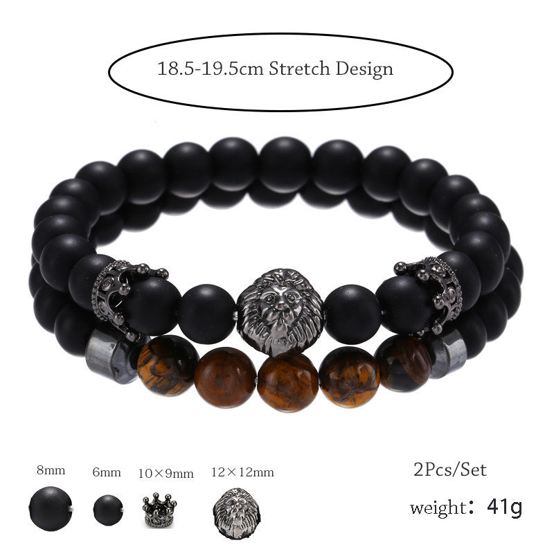 Vintage 8mm Matte Tiger's Eye Lion Crown Animal Bracelet for Men and Women