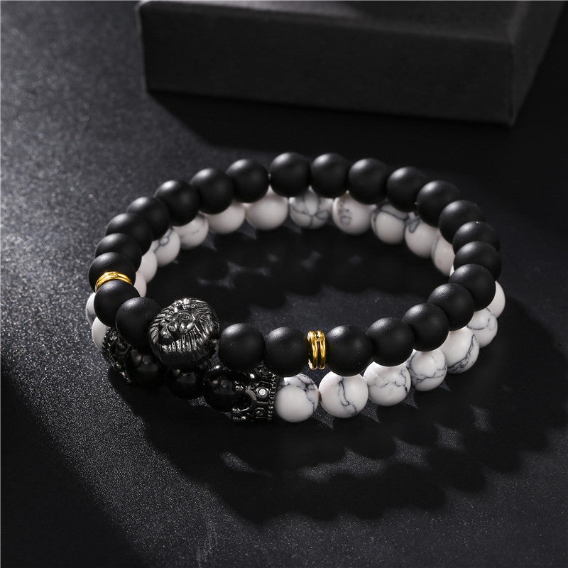 Creative Crown Lion Head Bracelet Set with Matte Black Stone Turquoise and Cubic Zirconia Plated Brass Unisex Jewelry