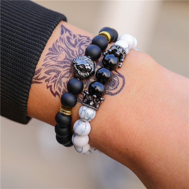 Creative Crown Lion Head Bracelet Set with Matte Black Stone Turquoise and Cubic Zirconia Plated Brass Unisex Jewelry