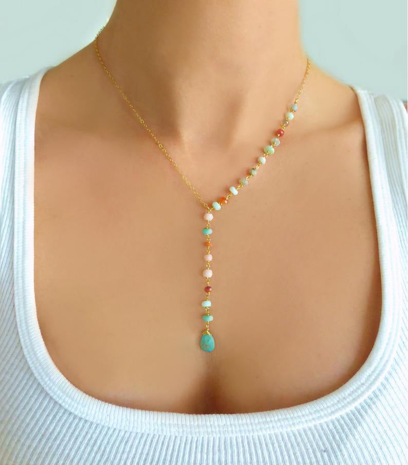 Geometric Turquoise Pendant Necklace for Women Alloy Wave Chain Plated Minimalist Fashion Necklace