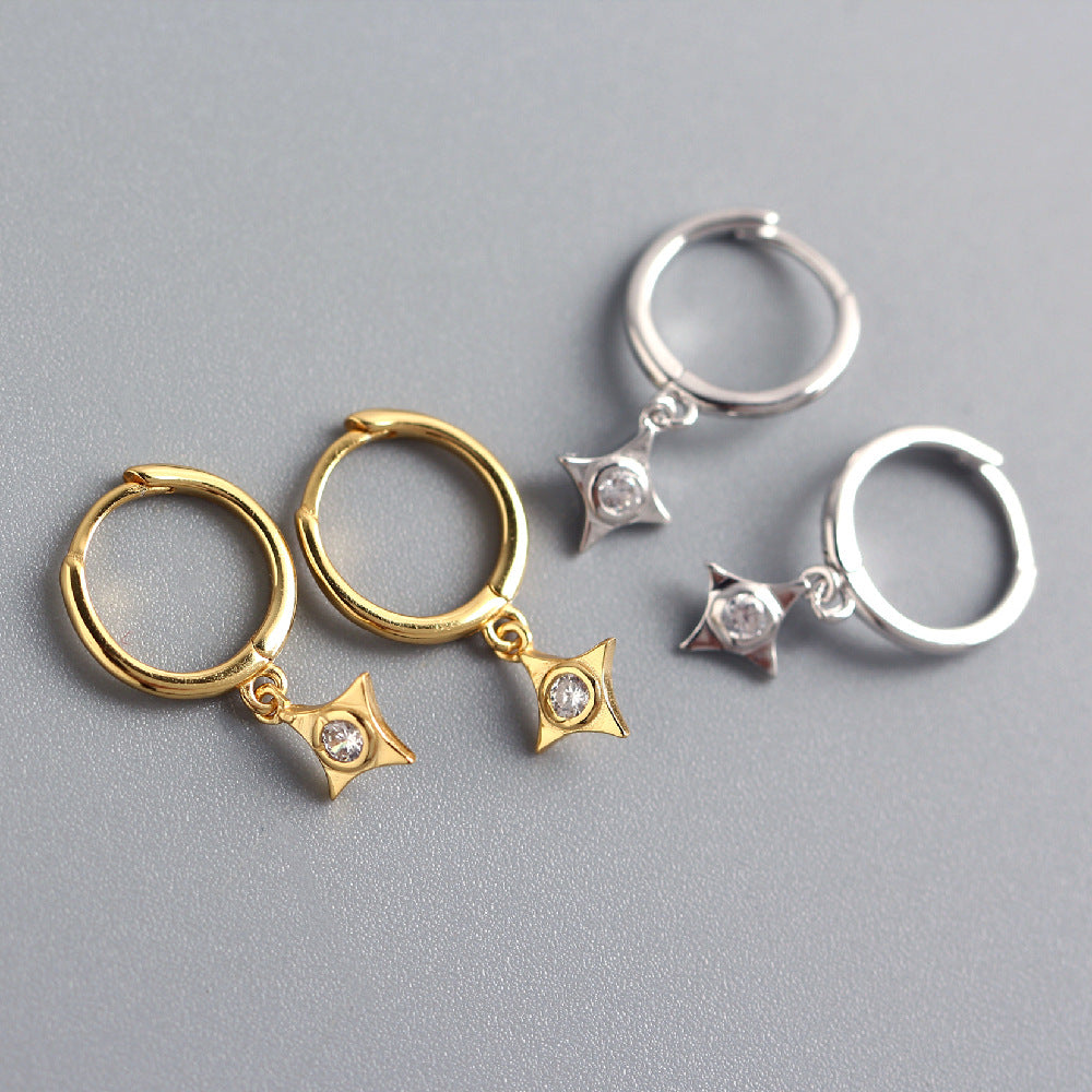 Orecchini a Cerchio da Donna in Argento Sterling S925, Stile Cool e Dolce, a Stella Geometrica con Diamanti Incassati