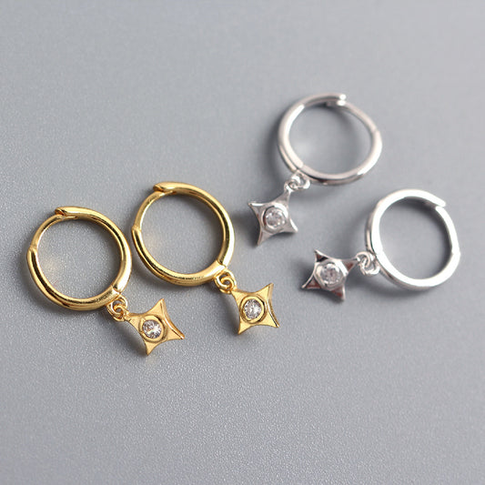 Pendientes de aro geométricos de plata de ley 925 con incrustaciones de diamantes y diseño de estrella estilo "Sweet Cool" para mujer