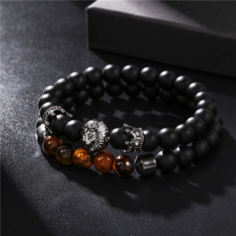 Vintage 8mm Matte Tiger's Eye Lion Crown Animal Bracelet for Men and Women