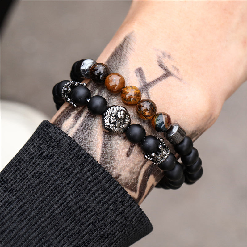 Vintage 8mm Matte Tiger's Eye Lion Crown Animal Bracelet for Men and Women