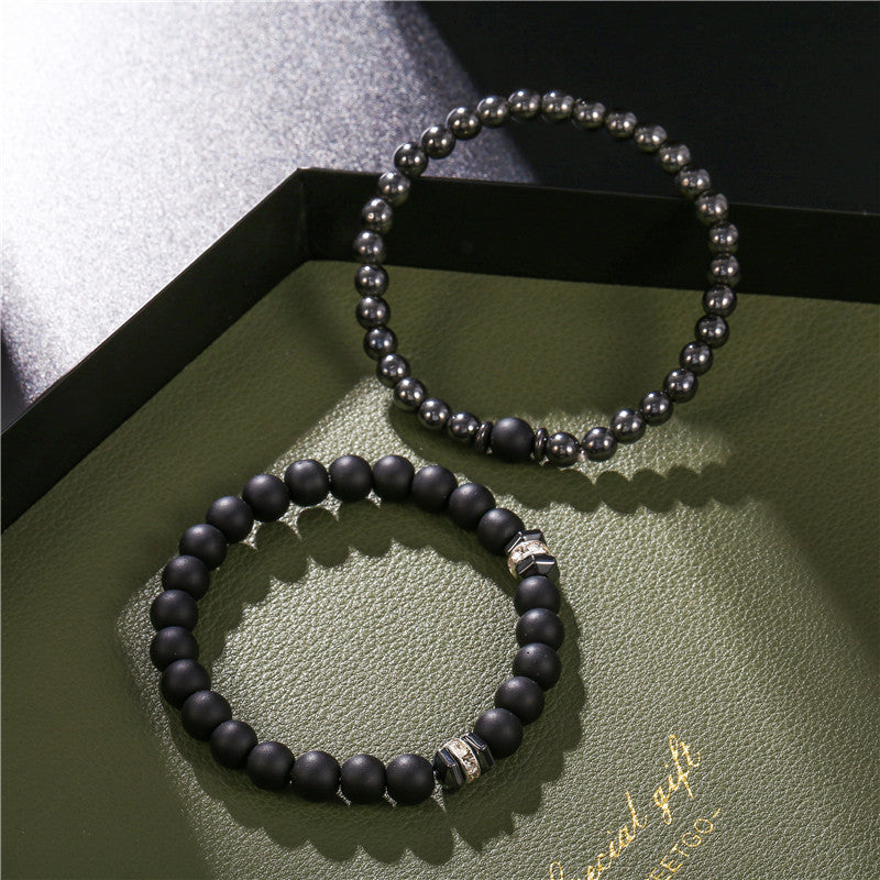 Matte Black 8mm Round Brass and Hematite Rhinestone Spacer Bead Stretch Bracelet