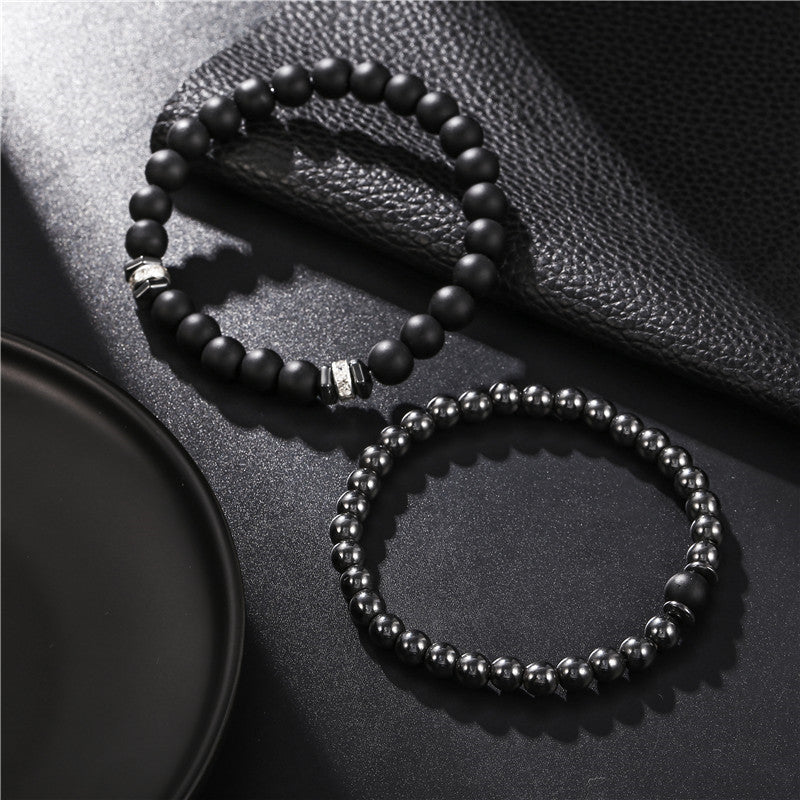 Matte Black 8mm Round Brass and Hematite Rhinestone Spacer Bead Stretch Bracelet