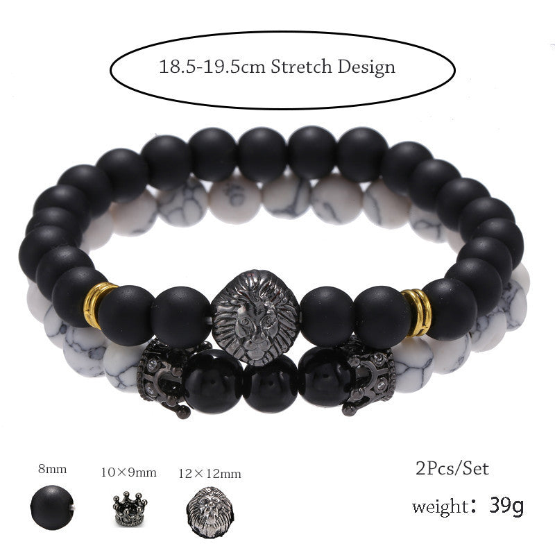 Creative Crown Lion Head Bracelet Set with Matte Black Stone Turquoise and Cubic Zirconia Plated Brass Unisex Jewelry