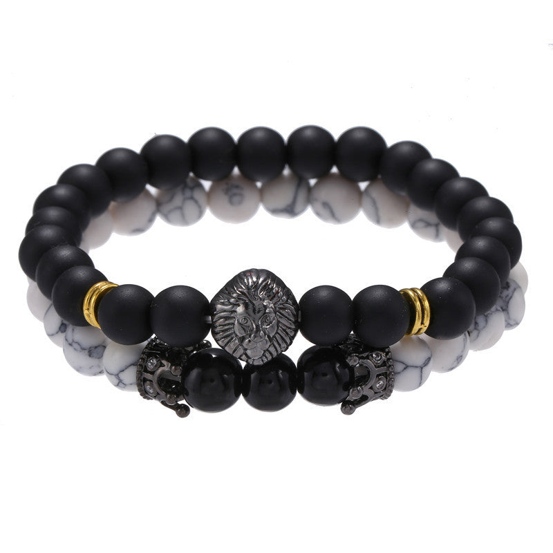 Creative Crown Lion Head Bracelet Set with Matte Black Stone Turquoise and Cubic Zirconia Plated Brass Unisex Jewelry