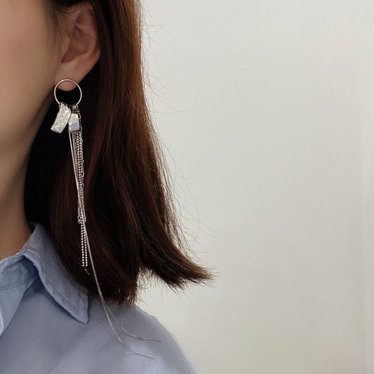 Minimalist Vintage White Gold Plated 925 Sterling Silver Teardrop Pearl Inlay Tassel Earrings