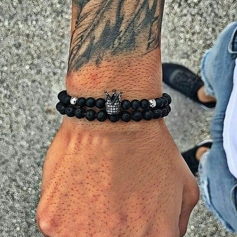 Casual 8mm Round Matte Lava Stone Cubic Zirconia Crown Bracelet Set for Men and Women