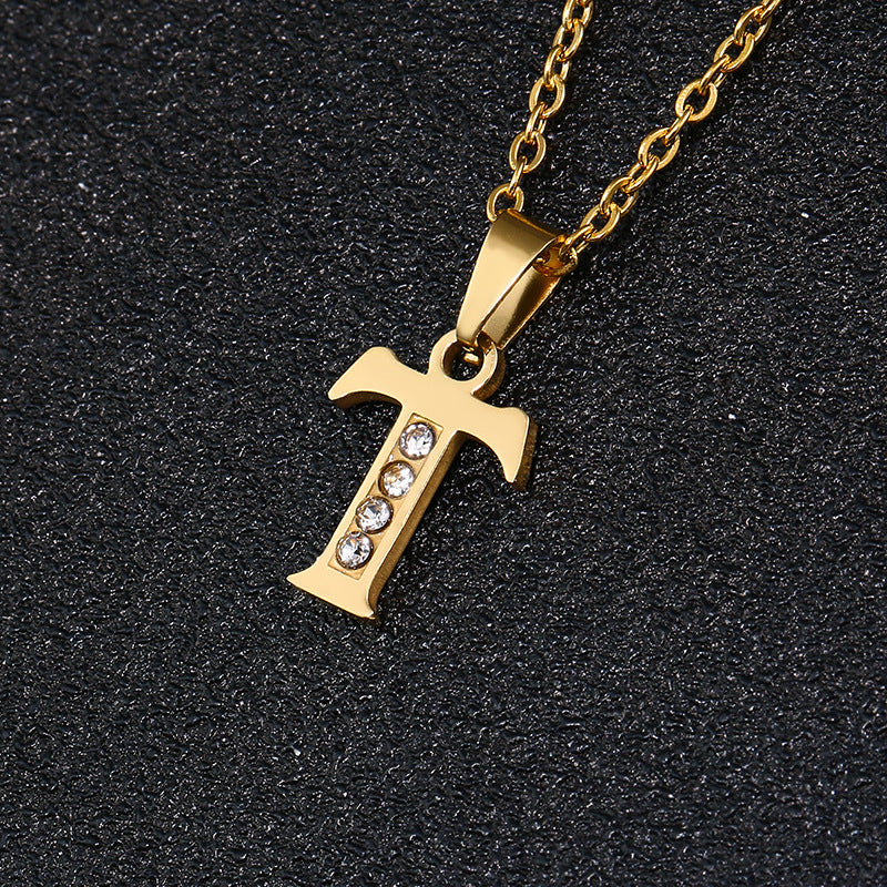Collana con ciondolo a lettera minimalista da donna, catena a O in acciaio al titanio con intarsi in strass, regalo casual alla moda per fidanzata o migliore amica