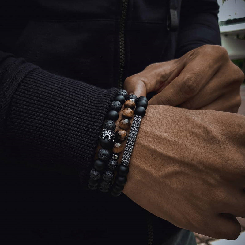 Punk Matte Volcanic Rock Tiger Eye Cubic Zirconia Crown Bar Bracelet Set for Men and Women
