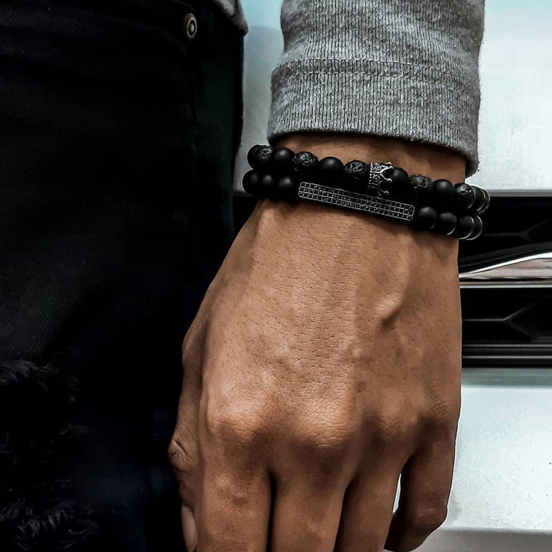 Unique Geometric Handmade Brass and Lava Rock Stretch Bracelet Set