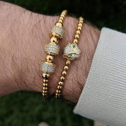Vintage Micro-Paved Cubic Zirconia Leopard Head Geometric Brass Bracelet Set