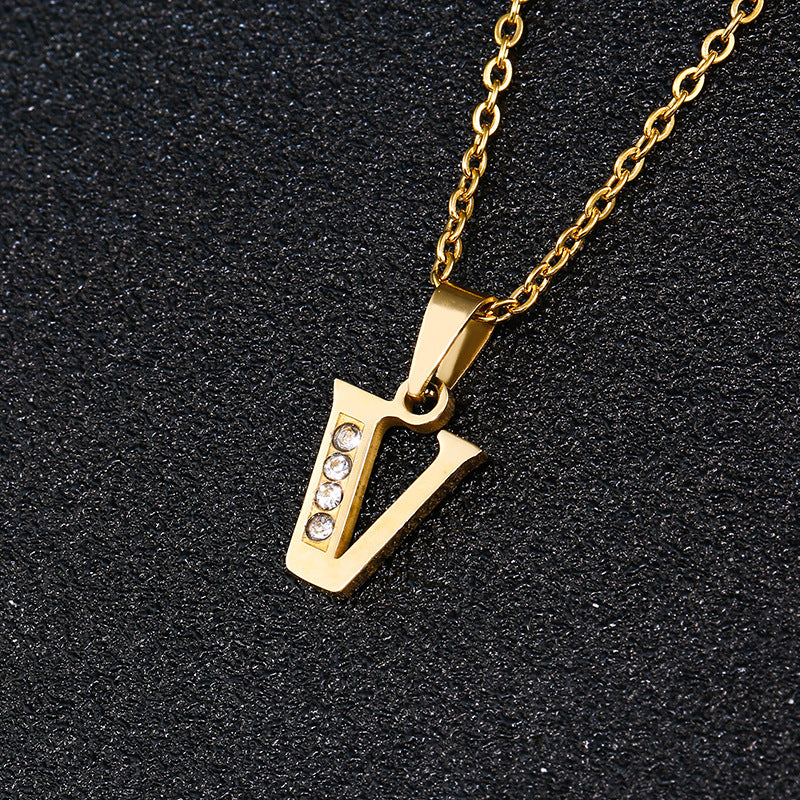 Collana con ciondolo a lettera minimalista da donna, catena a O in acciaio al titanio con intarsi in strass, regalo casual alla moda per fidanzata o migliore amica